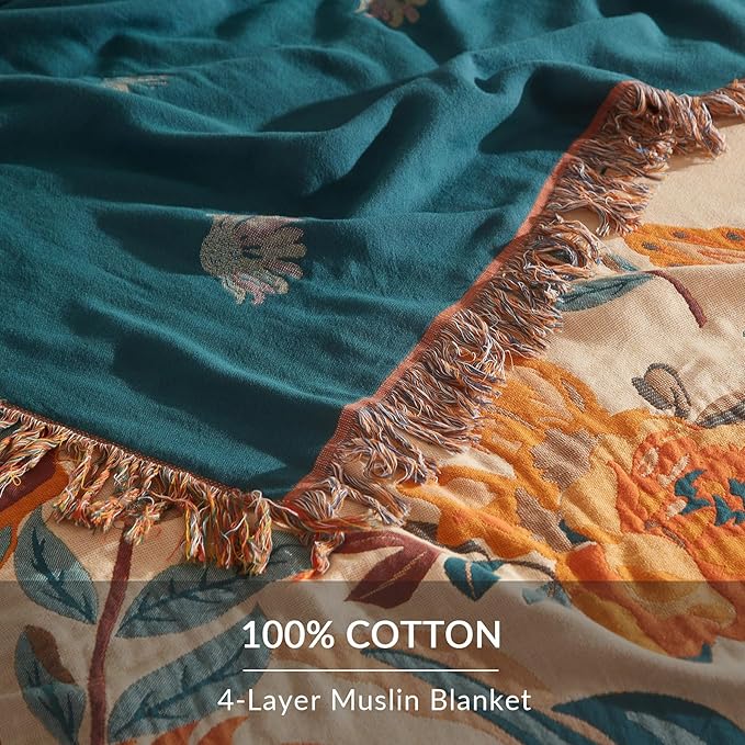 Boho Throw Blanket for Couch Sofa Bed, 100% Cotton Woven Quilt with Tassel 90”x98”, Super Soft Muslin Blanket with Floral Printed, Decorative Reversible Bed Blanket/Cover for All Seasons