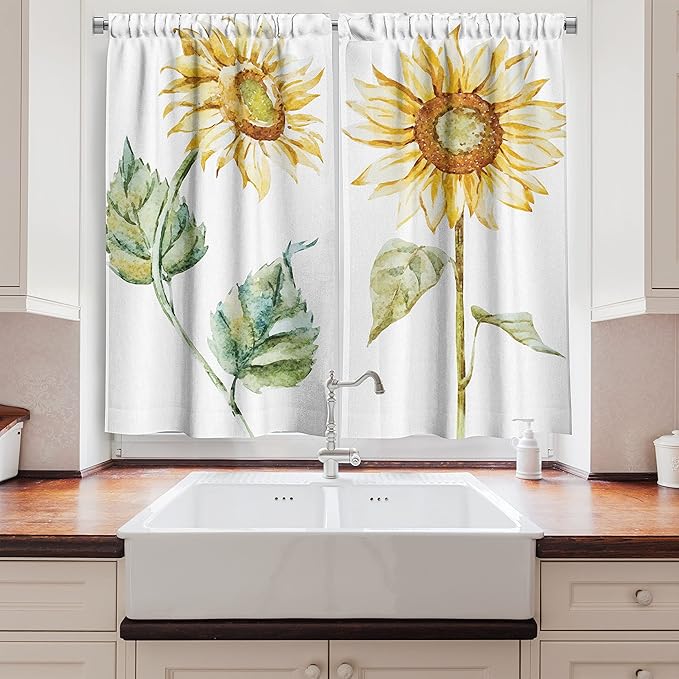 Ambesonne Watercolor Kitchen Curtains, Alluring Sunflowers Summer Inspired Design Agriculture, Window Drapes 2 Panel Set for Kitchen Cafe Decor, 55" x 39", Yellow Green