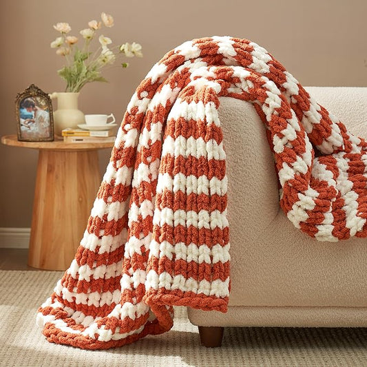 Amélie Home Chunky Knit Throw Blanket for Couch, Soft Chenille Crochet Blanket for Sofa, 50"x60", Burnt Orange & White Striped