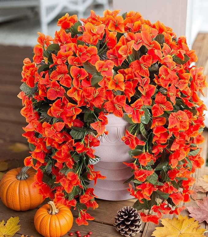 Artificial Bougainvillea Faux Flowers Plants for Outdoors Outside Fall Autumn Decor, 2 PCS Silk Trailing Vines UV Resistant Realistic Orange Fake Flowers for Planter Front Door Porch Patio Balcony