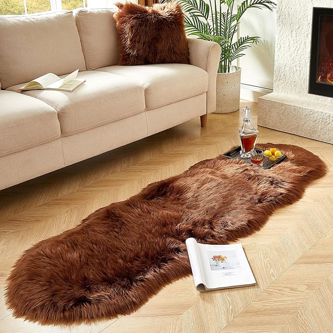 AMTOVO Faux Sheepskin Rug, Coffee Ultra Soft Fluffy Shag Area Rug, 2 x 6 ft Faux Fur Rug for Bedroom Sofa Throw Cushion Room Decor, Sheepskin