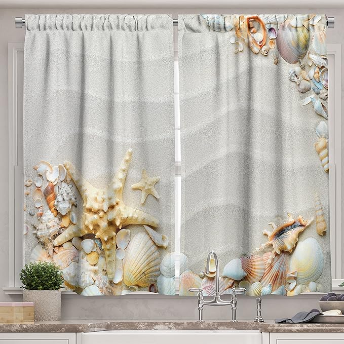 Ambesonne Starfish Long Kitchen Curtains, Seacoast with Sand with Colorful Various Seashells Tropics Aquatic Wildlife Theme, Two Panels Drapes with Rod Pocket Room Decor, 55" x 45", White Coral