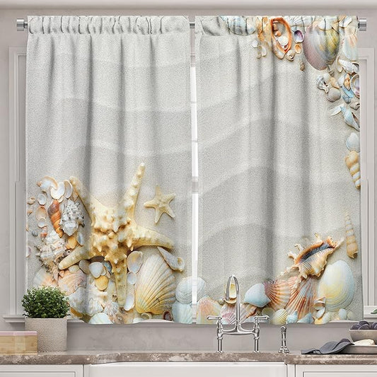 Ambesonne Starfish Long Kitchen Curtains, Seacoast with Sand with Colorful Various Seashells Tropics Aquatic Wildlife Theme, Two Panels Drapes with Rod Pocket Room Decor, 55" x 45", White Coral