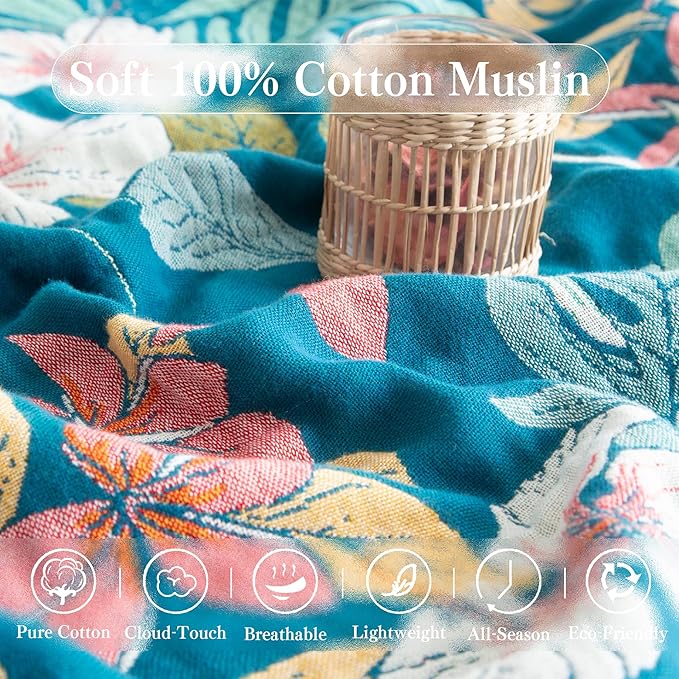 Boho Throw Blanket Twin Size, Soft Cozy Cotton Muslin Quilt Blanket for Bed Decor, Floral Patterned Couch Sofa Chair Cover, Vintage Farmhouse Cottage Tapestry Woven Blanket, Teal&Green