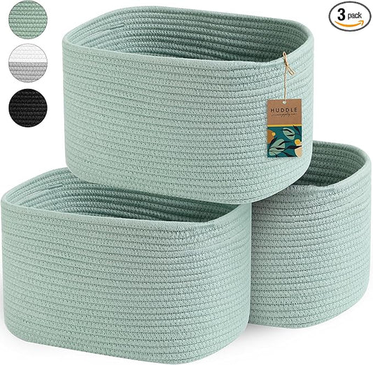 3 WASHABLE Woven Baskets for Storage Baskets for Shelves Large Cotton Rope Baskets for Organizing Decorative Storage Bins Bathroom, Shelves, Toys,Storage Cube Bins, Small Baskets (Sage Green)