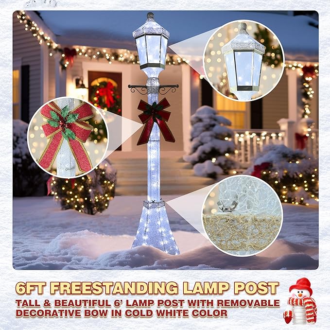 6FT Lighted Freestanding Lamp Post for Christmas Decoration, Pre-Lit Iridescent Post Lamp with 120 LED Lights & Removable Bow, Outdoor 3D Glittered Standing Festival Display, White
