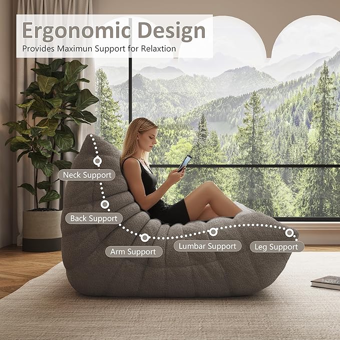Bean Bag Chair, Oversized Bean Bag Chair for Living Room, Fireside Chair for Adults with Memory Foam Filled, Big Accent Lounge Floor Sofa for Reading, Relax, No Assembly Required. (Grey 3-Seater)