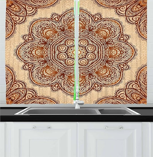 Ambesonne Ethnic Kitchen Curtains, Mehndi Style Floral Flower with Abstract Paisley Backdrop Art Print, Window Drapes 2 Panel Set for Kitchen Cafe Decor, 55" x 30", Dark Brown