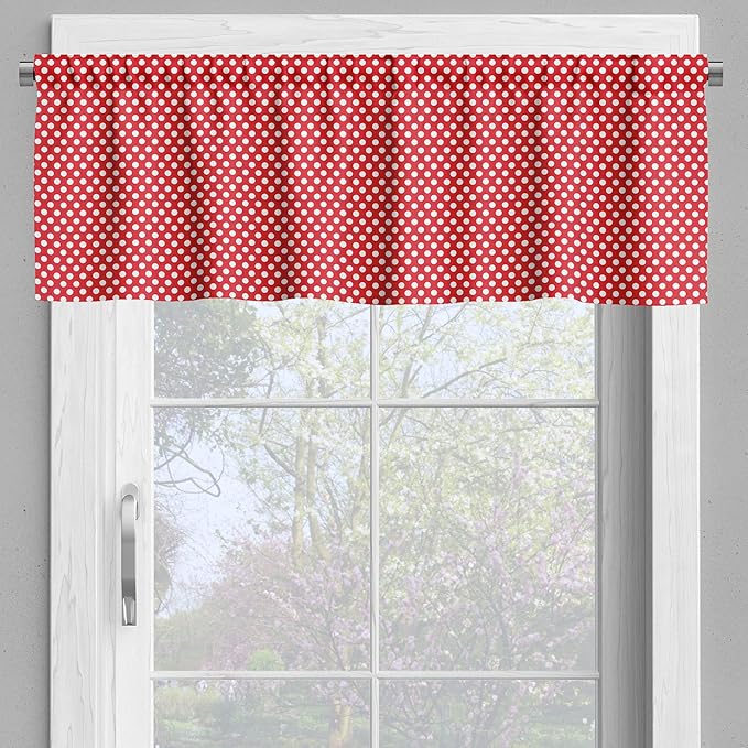 Ambesonne Retro Valance & Tier Curtain 3 pcs Set, 50s 60s Iconic Pop Art Style Big White Polka Dots Picnic Vintage Old Theme Image, Window Treatments for Kitchen Room Decor, 55" x 45", Vermilion White