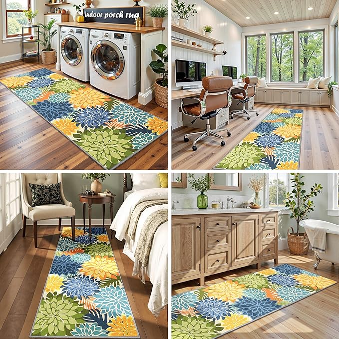 Area Rug 2x6 Yellow Green Washable Entry Rug Multicolored Tropical Botanical Modern Floral Indoor Kitchen Door Mat Entrance Carpet Non Slip for Bedroom Living Room, Porch
