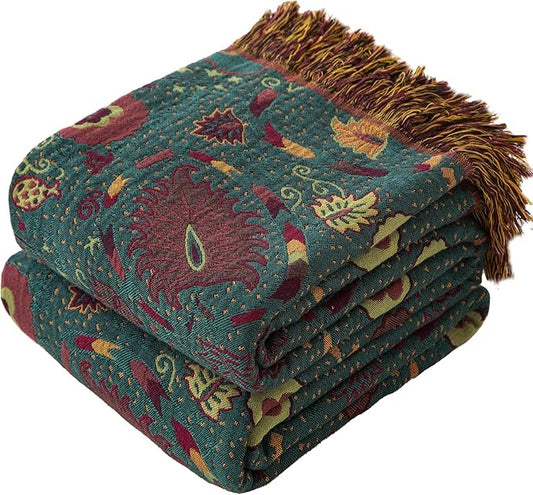 Boho Throw Blanket Queen Size, Oversized Soft Cozy Cotton Muslin Quilt Blanket for Bed Decor, Floral Patterned Couch Sofa Chair Cover, Vintage Farmhouse Cottage Woven Blanket, Green&Orange
