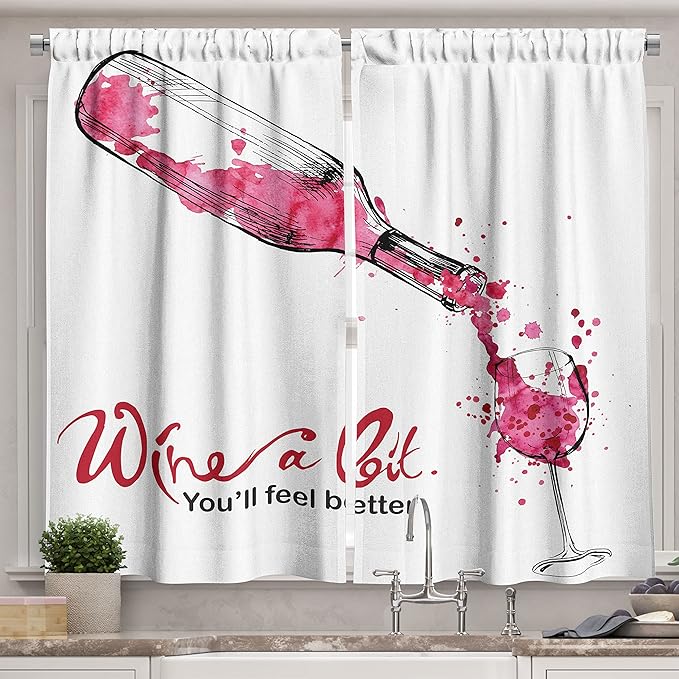 Ambesonne Wine Long Kitchen Curtains, Wine a Bit You Feel Better Inspirational Words Bottle Pouring Sketch Art, Two Panels Drapes with Rod Pocket Room Decor, 55" x 45", Coral Black