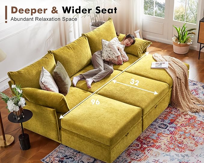 102.6" U Shaped Modular Sectional Sofa, 5 Seater Couch with Storage Ottoman Deep Seat and High Backrest with Removable Cover for Living Room, Apartment - Chenille Yellow