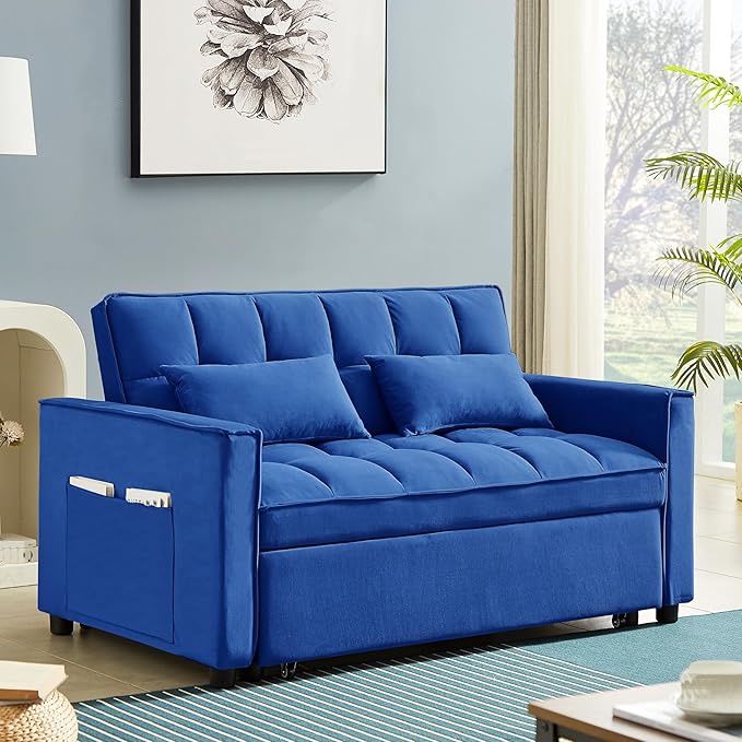 3 in 1 Convertible Sleeper Sofa Bed,Futon Loveseat Couch with Pull-Out Bed & Adjustable Backrest,Velvet Fabric Sofa with Side Pocket for Small Apartment, Living Room, Office (Blue)
