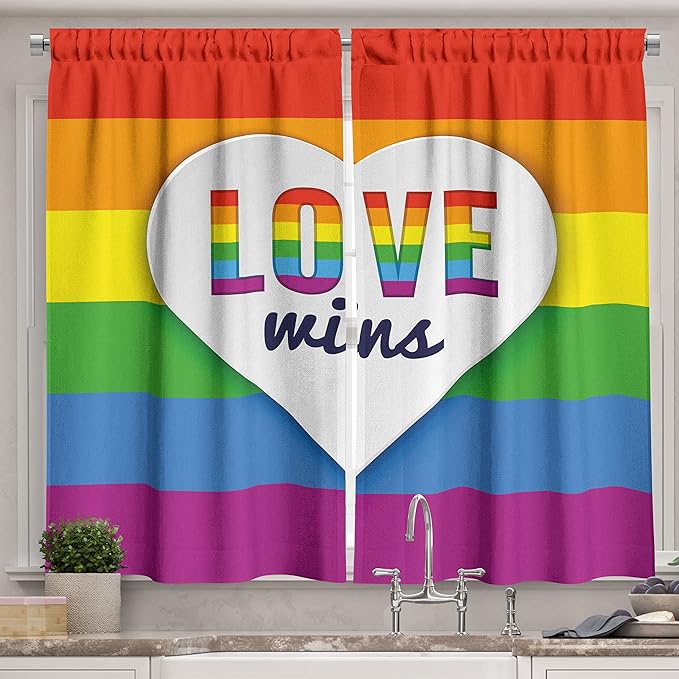 Ambesonne Pride Long Kitchen Curtains, Rainbow Flag with Stripes Heart with Love Wins Text LGBT Culture Colorful, Two Panels Drapes with Rod Pocket Room Decor, 55" x 45", Purple Blue