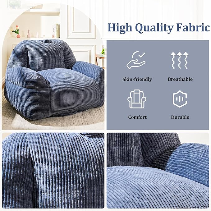 Bean Bag Chair, Faux Fur Bean Bag Chair for Adults, Fluffy and Comfy Bean Bags with Filler, Bean Bag Sofa Chair for Reading, Gaming, Stuffed High-Density Foam, Grey