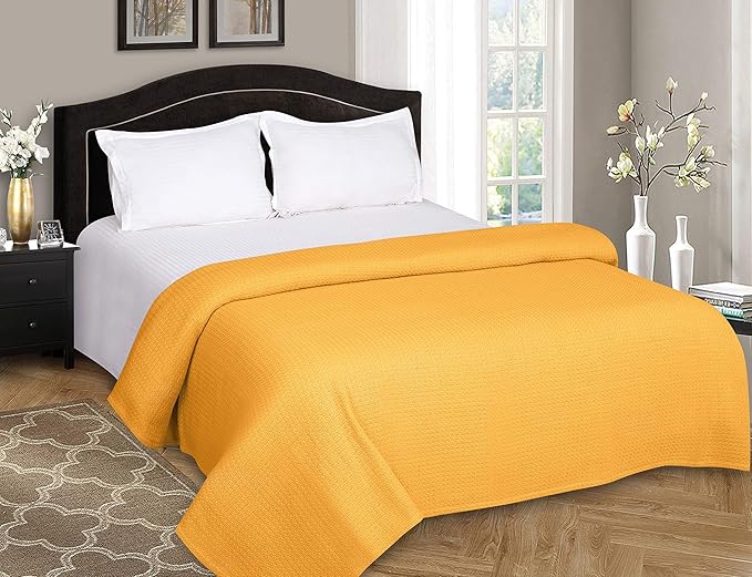 BELIZZI HOME 100% Cotton Bed Blanket, Breathable Bed Blanket Full Queen Size, Cotton Thermal Blankets Full Queen, Perfect for Layering Any Bed for All Season, Mustard Yellow