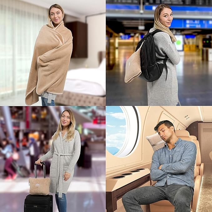 BlueHills Premium Soft Travel Blanket Pillow Airplane Blanket Packed in Soft Bag Pillowcase with Hand Luggage Belt and Backpack Clip, Compact Pack Large Blanket for Any Travel (Beige T005)
