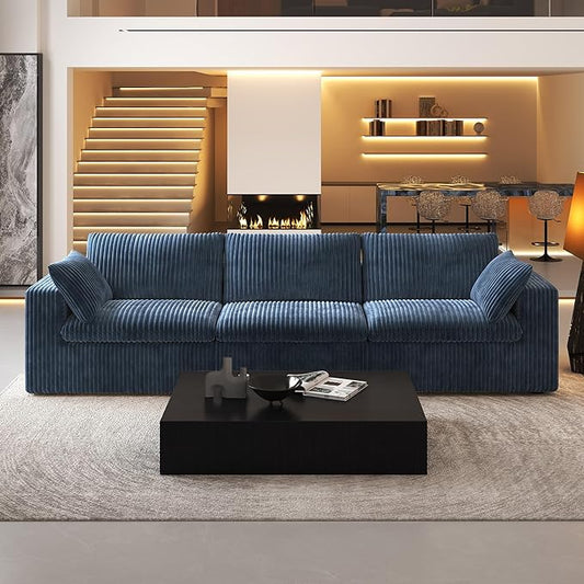 118" 3-Seater Cloud Sofa,Modular Sectional Couch,Modern Deep Seat Upholstered Couches with Plush Corduroy Fabric for Living Room Furniture,Bedroom and Apartment,No Assembly Required,Blue