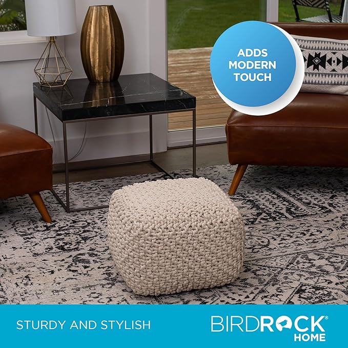 BIRDROCK HOME Square Pouf Ottoman | Cotton Braided Foot Stool with Bean Bag Filling | Boho Foot Rest for Living Room, Bedroom | Compact & Comfortable Seating, Lightweight & Sturdy | Natural