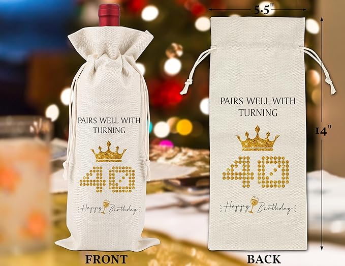 40th Birthday Gifts for Women Men,40th Gifts,40th Birthday Decorations,Pairs Well with Turning 40 Forty,Funny Birthday Wine Bags,1 Drawstring Gift Wine Bag,Q12
