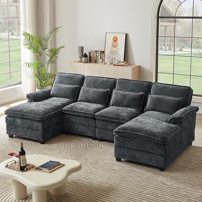 113" Oversized Cloud Couch, U Shape Sectional 4 Seat Sofa with Double Chaises, 2 Layer Cusions, Deep Seat Comfy Sofa, Upholstery Chenille Fabric for Living Room, Dark Grey
