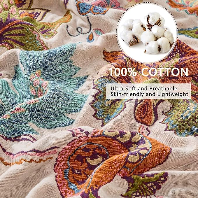 Boho Throw Blanket Reversible Muslin Bohemian Tapestry, Flower Decorated Bohemian Sofa Blanket, Lightweight Breathable 100% Cotton Throw Blanket, Chair Blanket, 50"x60"