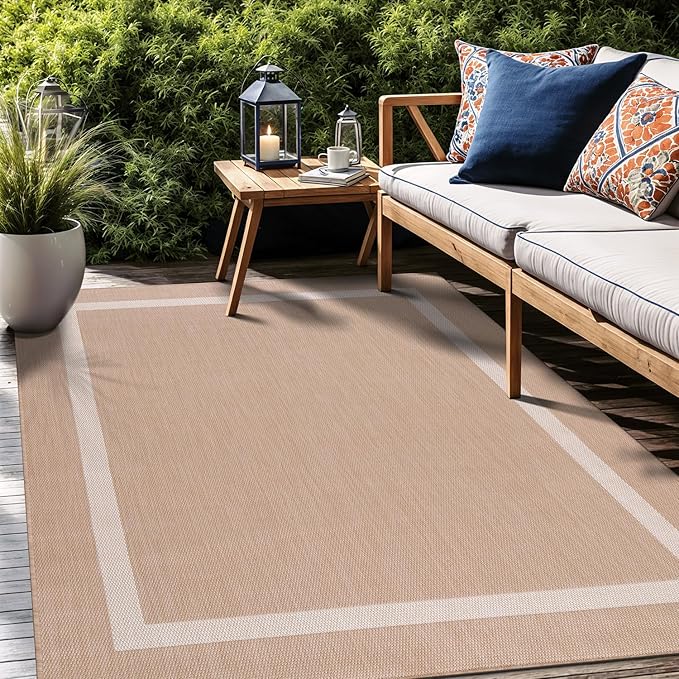 Bordered Outdoor Rug 6x9 Washable Outside Carpet for Indoor Patio Porch Waterproof Easy Cleaning Non Shedding Area Rugs Beige 6 x 9