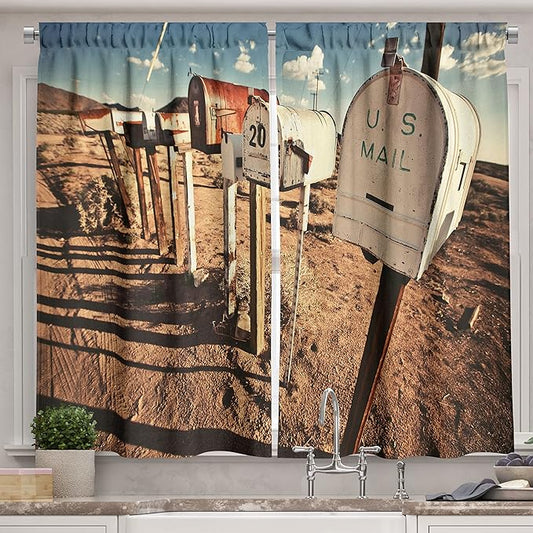 Ambesonne United States Long Kitchen Curtains, Old Mailboxes in West America Rural Rusty Landscape Grunge Countryside, Two Panels Drapes with Rod Pocket Room Decor, 55" x 45", Brown Blue