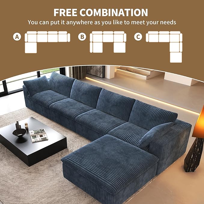 157.5" L Shaped Modern Sofa Modular Sectional Cloud Couch with Ottoman,Deep Seat Upholstered Couches with Corduroy Fabric for Living Room Furniture,Bedroom and Apartment,No Assembly Required,Blue