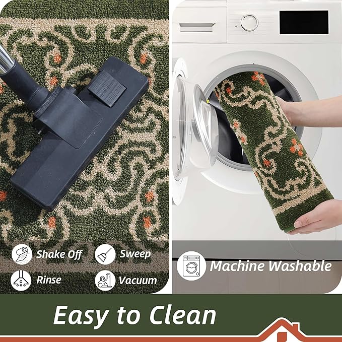 BEQHAUSE Dirt Trapper Door Mat 32" x 48", Non-Slip Entryway Rugs Washable, Floor Mat Stain Resistant and Absorbent Welcome Mat for Front Back Door, Muddy Wet Shoes & Paws, Green and Vining Floral