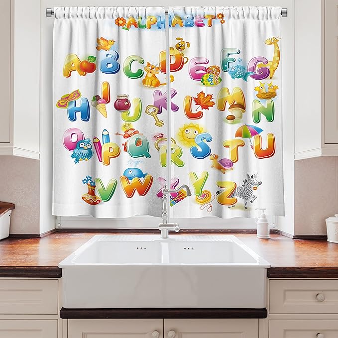 Ambesonne Educational Kitchen Curtains, Cheerful Cartoon Fun Alphabet Design Font Preschool Kindergarten Design, Window Drapes 2 Panel Set for Kitchen Cafe Decor, 55" x 39", Orange