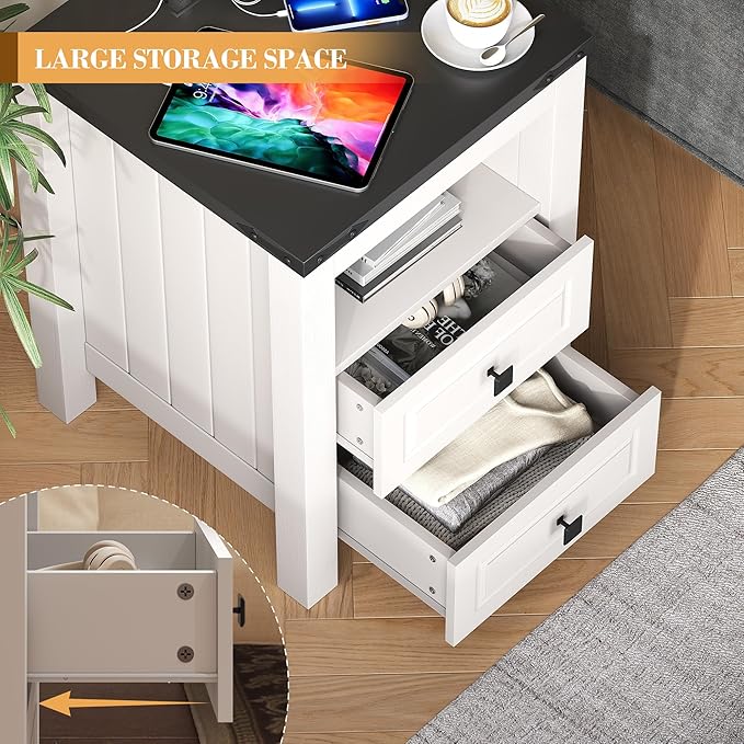 Apicizon End Table, Farmhouse End Tables with Charging Station, Nightstand with Drawers and Storage Cabinet, Wood Coffee Table for Small Spaces, Sofa Side Table for Living Room, Bedroom