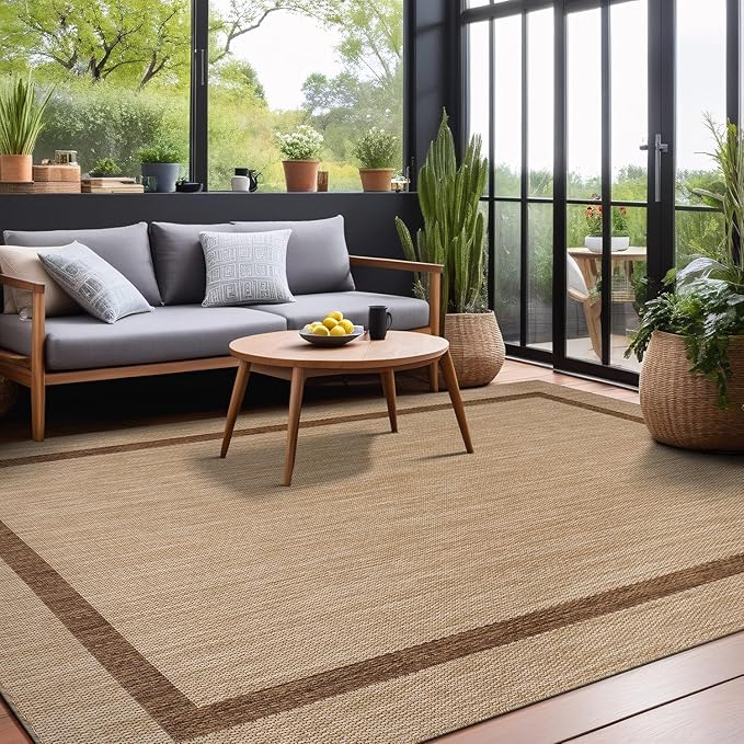 Bordered Outdoor Rug 5x7 Washable Outside Carpet for Indoor Patio Porch Waterproof Easy Cleaning Non Shedding Area Rugs Jute Beige - Nut Brown 5 x 7