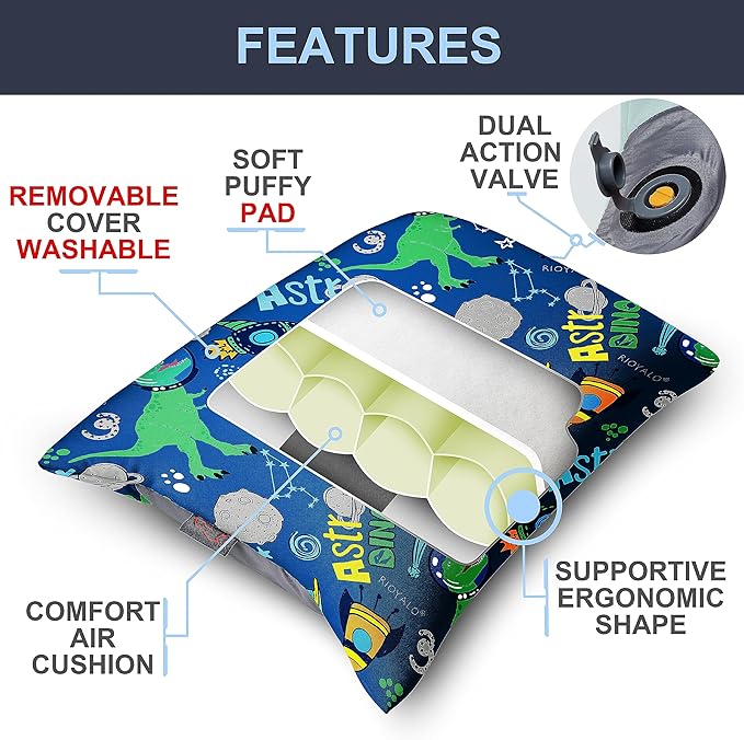 Boys Inflatable Camping Pillow Lite Kids w. Removable X-Form Padded Cover | Space Dinosaur | Comfort, Washable, Compact, Ultralight, Packable | Backpacking Hiking Travel Air Sleepover Scout