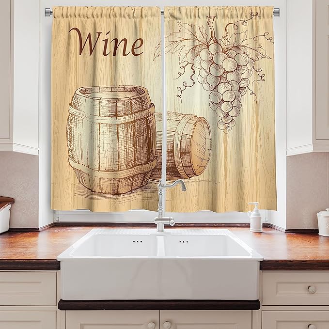 Ambesonne Wine Kitchen Curtains, Wooden Barrels and Bunch of Grapes on Wood Backdrop Botany Harvest Theme Artwork, Window Drapes 2 Panel Set for Kitchen Cafe Decor, 55" x 39", Brown Peach