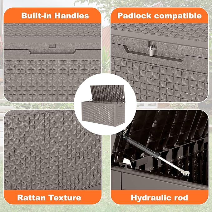 100 Gallon Resin Deck Box, Lockable Outdoor Storage Box for Patio Cushions Storage Furniture,Garden Tools, Pool Supplies, Weatherproof and UV Resistant (Grey L)