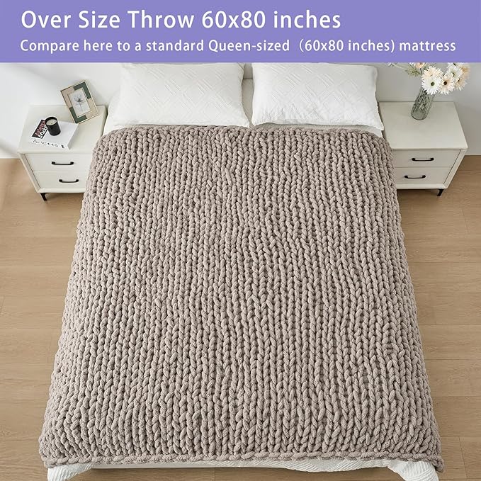 Bigacogo Chunky Knit Throw Blanket for Couch, 60x80 inches, 100% Hand Knitted with Thick Jumbo Chenille Yarn, Cozy Soft Large Rope Knot Cable Crochet Blankets for Sofa Bed Living Room, Taupe