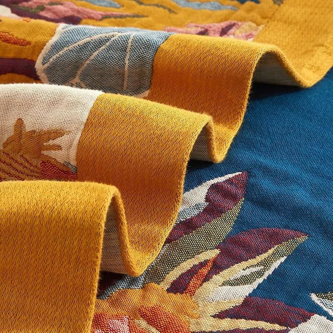 Boho Throw Blanket for Couch Sofa Bed, 100% Cotton Woven Quilt with Tassel 80”x90”, Super Soft Muslin Blanket with Floral Printed, Decorative Reversible Bed Blanket/Cover for All Seasons
