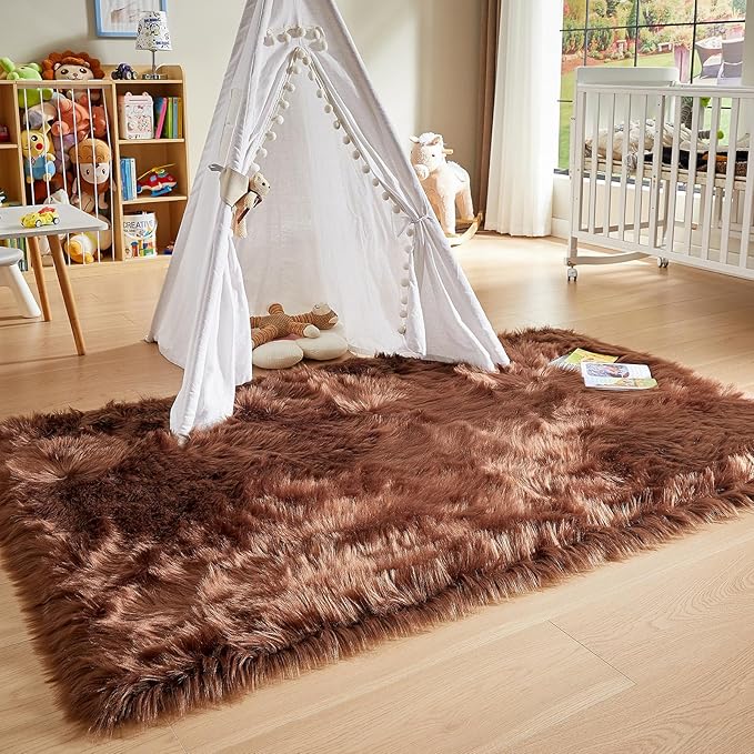 AMTOVO Faux Fur Sheepskin Rug for Living Room, 4 x 6 ft Coffee Fluffy Area Rug for Bedroom, Playroom, Luxury Room Decor, Rectangle