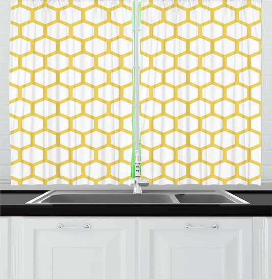 Ambesonne Yellow and White Kitchen Curtains, Hexagonal Pattern Honeycomb Beehive Simplistic Geometrical Monochrome, Window Drapes 2 Panel Set for Kitchen Cafe Decor, 55" x 30", White Yellow