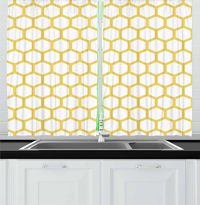 Ambesonne Yellow and White Kitchen Curtains, Hexagonal Pattern Honeycomb Beehive Simplistic Geometrical Monochrome, Window Drapes 2 Panel Set for Kitchen Cafe Decor, 55" x 36", White Yellow