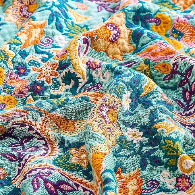 Boho Blanket Throw Quilt, 100% Cotton Soft Light Weight Throw Blankets for Summer, 90"x98" Farmhouse Flower Decorative Blankets, All Season Rustic Reversible Bohemian Throw Quilt