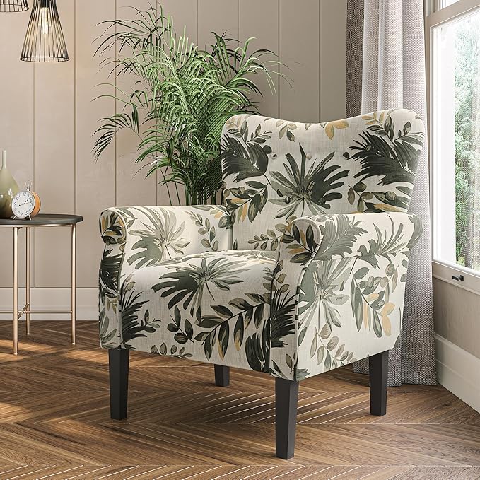 BELLEZE Modern Accent Chair for Living Room, High Back Floral Armchair with Wooden Legs, Upholstered Wingback Side Chair Padded Armrest Single Sofa for Living Room, Bedroom - Allston (Green Floral)