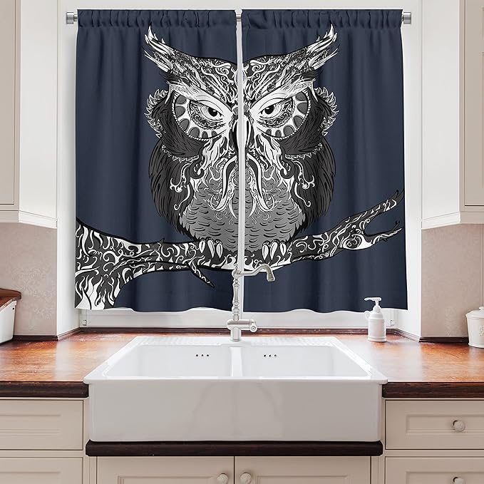 Ambesonne Indie Long Kitchen Curtains, Owl with Vintage Style Ornaments Wisdom Creature of Night, Two Panels Drapes with Rod Pocket Room Decor, 55" x 45", Charcoal Grey