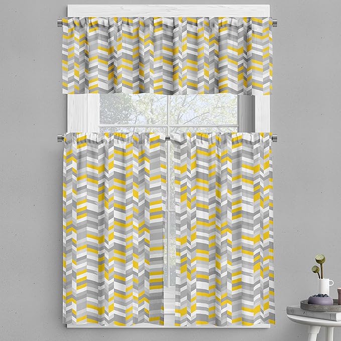Ambesonne Grey and Yellow Valance & Tier Curtain 3 pcs Set, Geometric Vintage 60s Home Pattern Inspired Herringbone Zig Zag Lines, Window Treatments for Kitchen Room Decor, 55" x 45", Yellow Grey