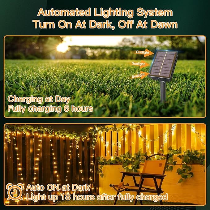 2 Pack Solar String Lights Total 600LED 197FT, IP67 Waterproof Solar Lights for Outside with 8 Modes, Fairy Lights for Patio Garden Party Wedding Yard Camping Decorations (Warm White)