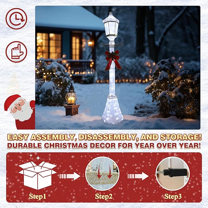 BlueWish 6FT Christmas Decorations Outdoor, Pre-Lit Lighted Xmas Decor with Removable Decorative Bow, Lighted Post Christmas Decoration with Waterproof Lights Cold White for Outdoor and Indoor