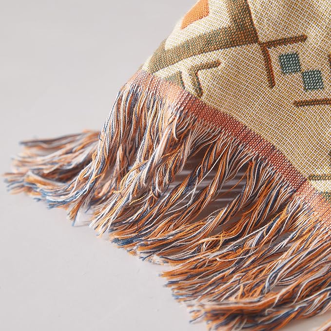 Boho Throw Blanket for Bed 90”x98”, 100% Cotton Woven Blanket for Couch Sofa, Ultra Soft 4-Layer Muslin Quilt with Diamond Pattern, Farmhouse Bed Blanket/Cover for Living Room Decor