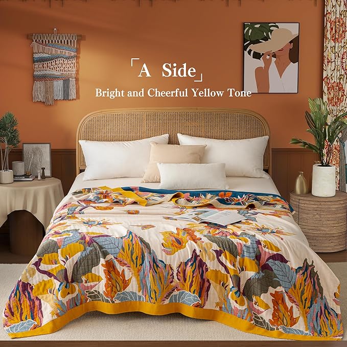 Boho Throw Blanket Throw Size, Soft Cozy Cotton Muslin Quilt Blanket for Bed Decor, Floral Patterned Couch Sofa Chair Cover, Vintage Farmhouse Cottage Tapestry Woven Blanket, Yellow&Blue